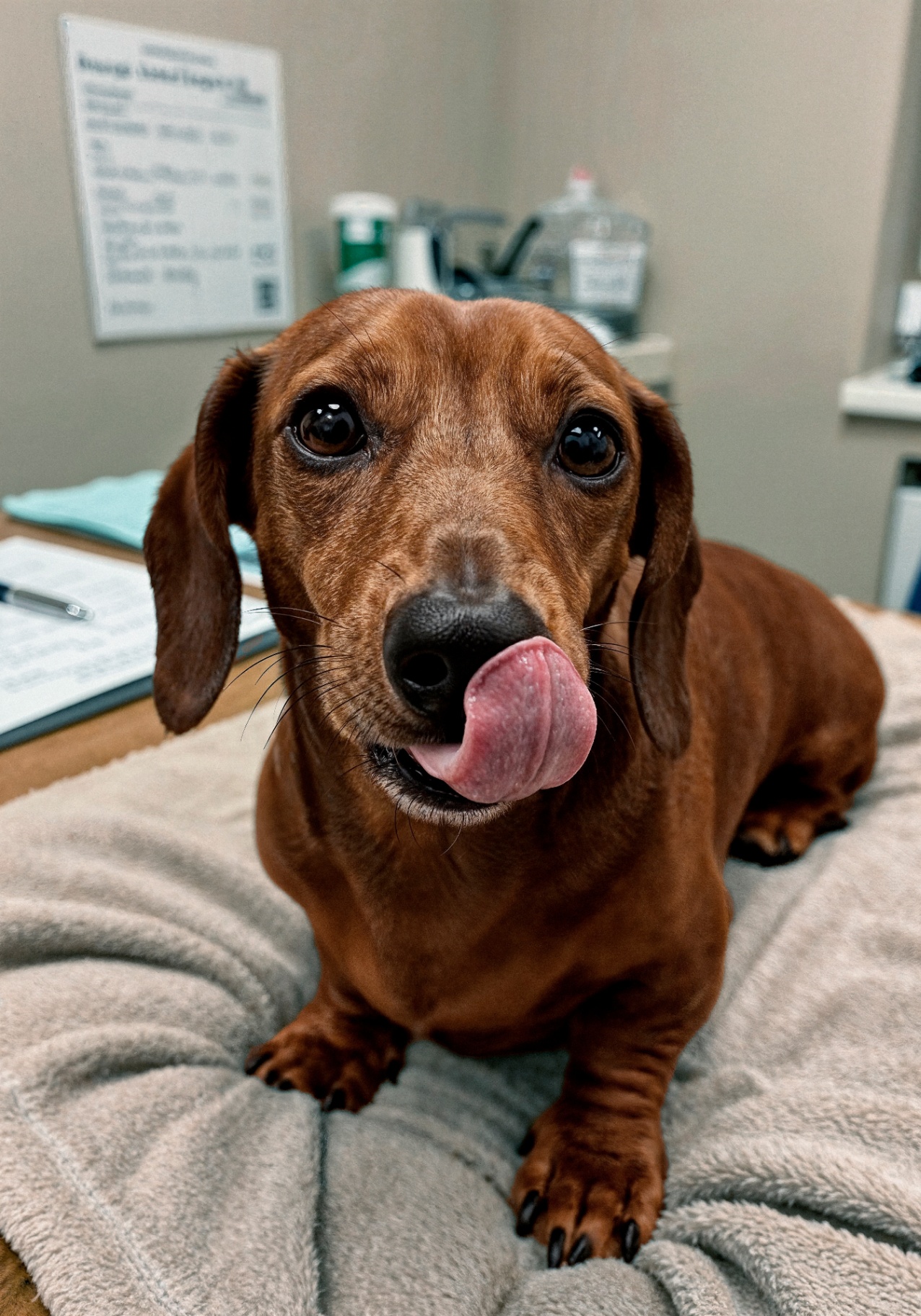 A red dachshund on a soft blanket at the vet, tongue out
