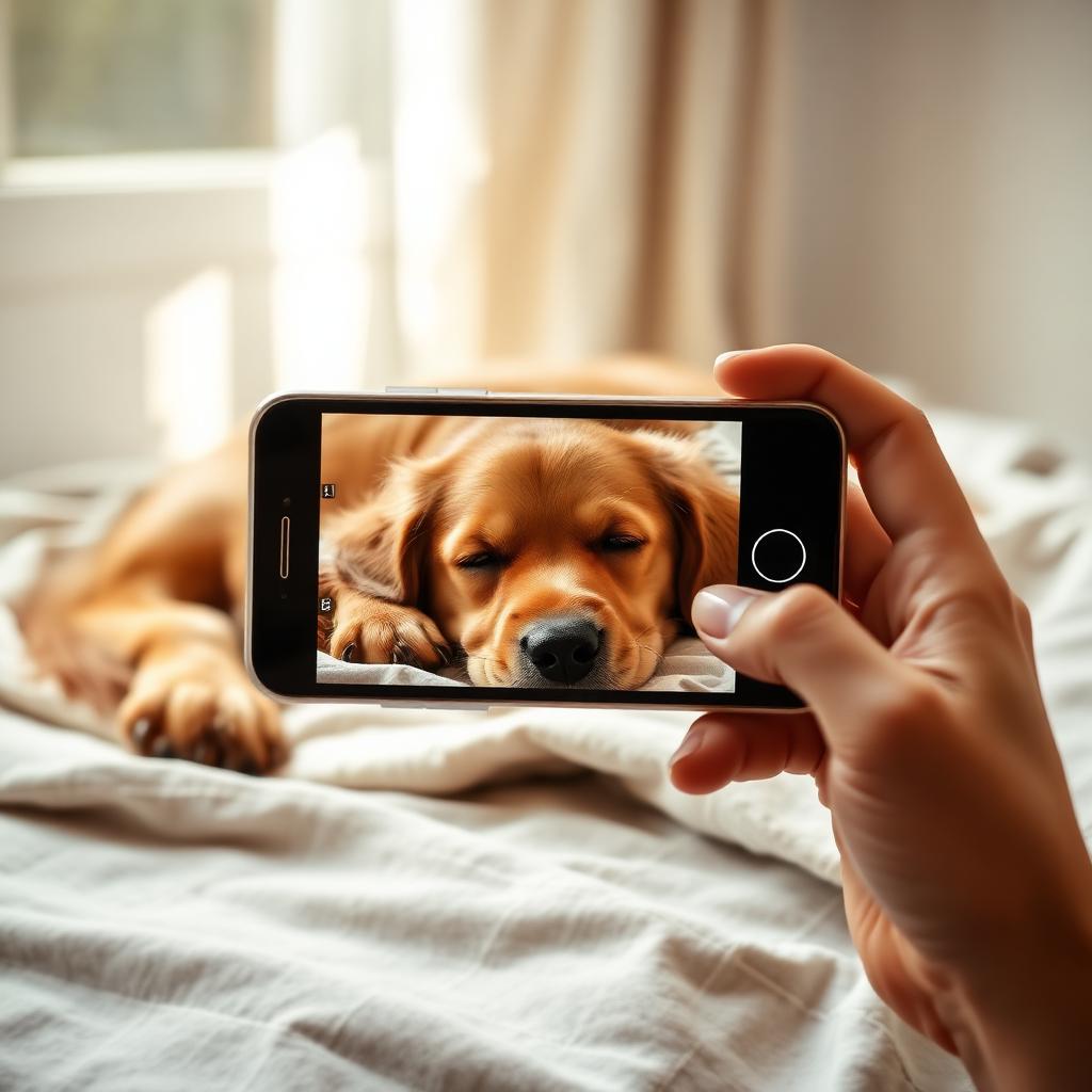 A hand holding a phone photographing a sleeping golden retriever