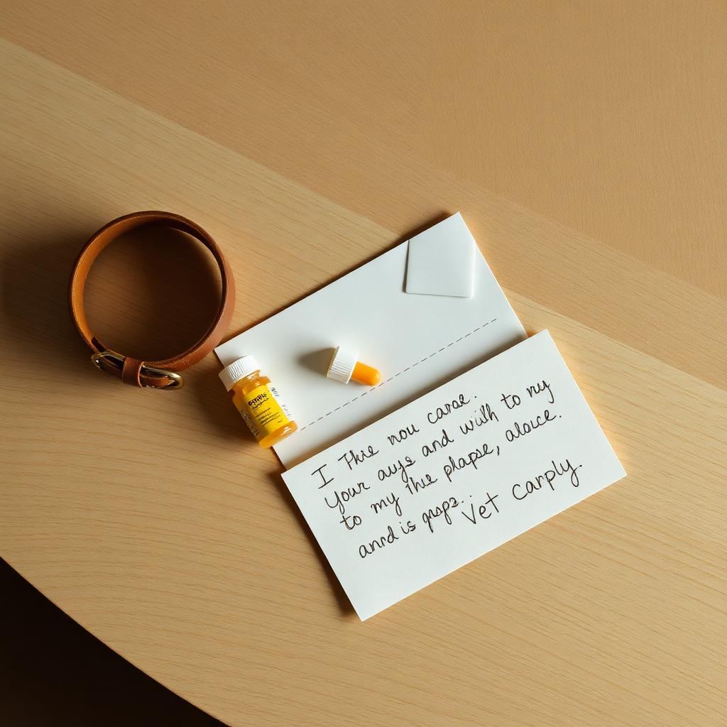 A collar, pill bottle and handwritten vet note on an oak table
