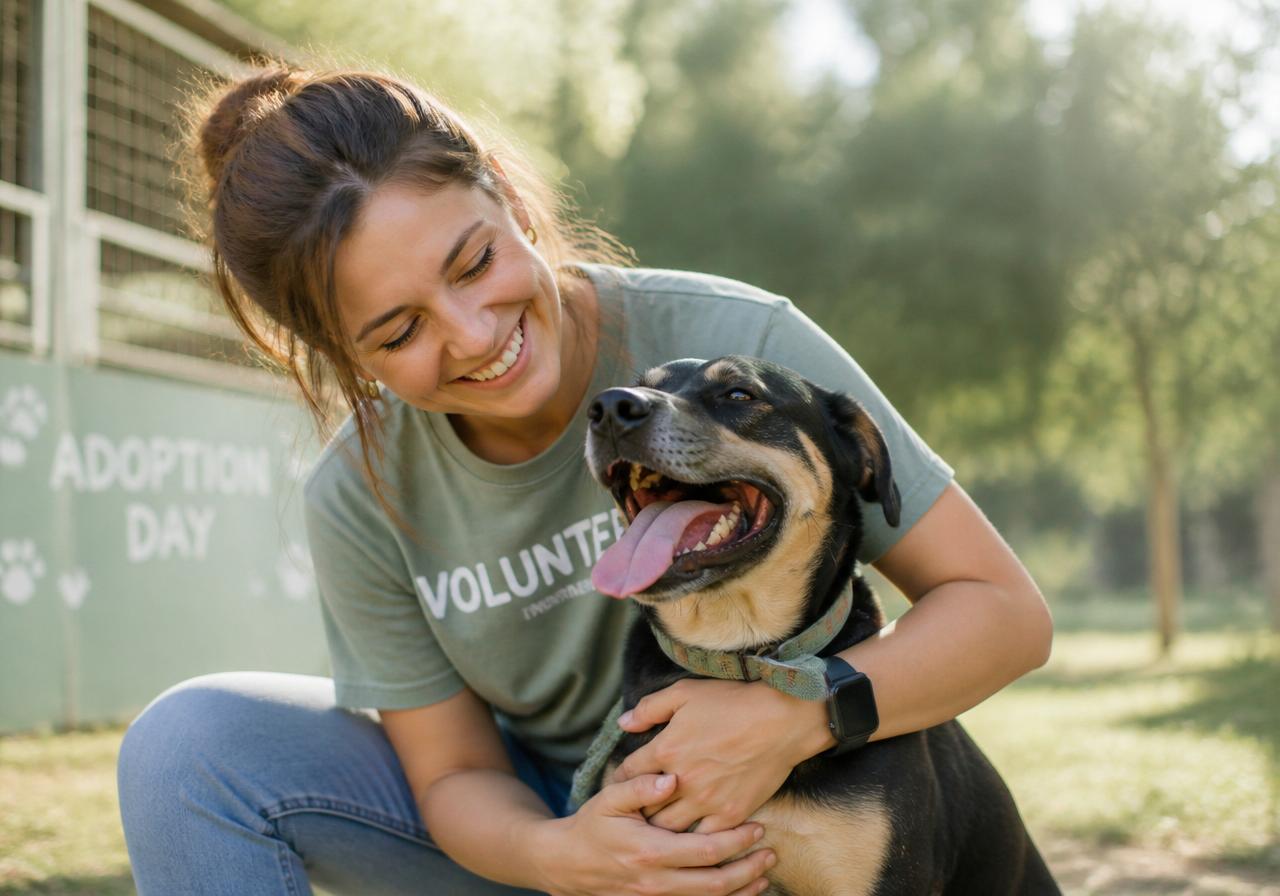 A shelter volunteer kneeling beside a rescue dog, hand on its shoulder