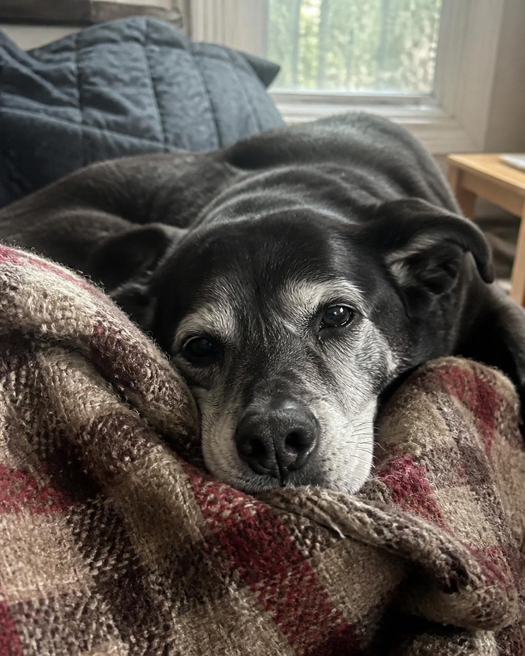 A senior black dog with a greying muzzle resting on a wool blanket